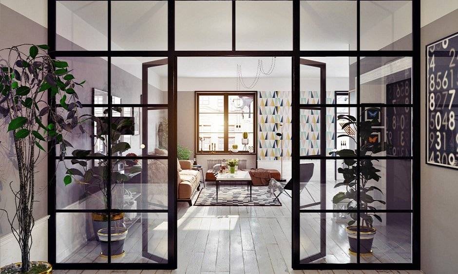 Glass partition installation for offices, shops, and interior spaces.