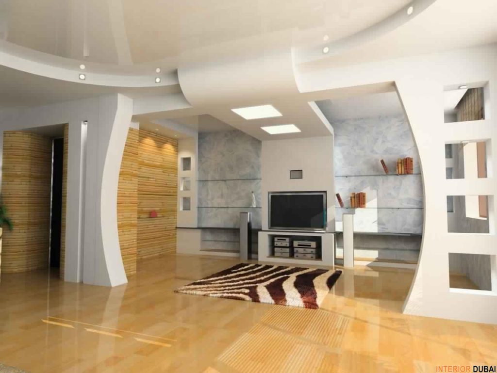 Gypsum ceiling framing, board fixing, joint taping, and finishing.
